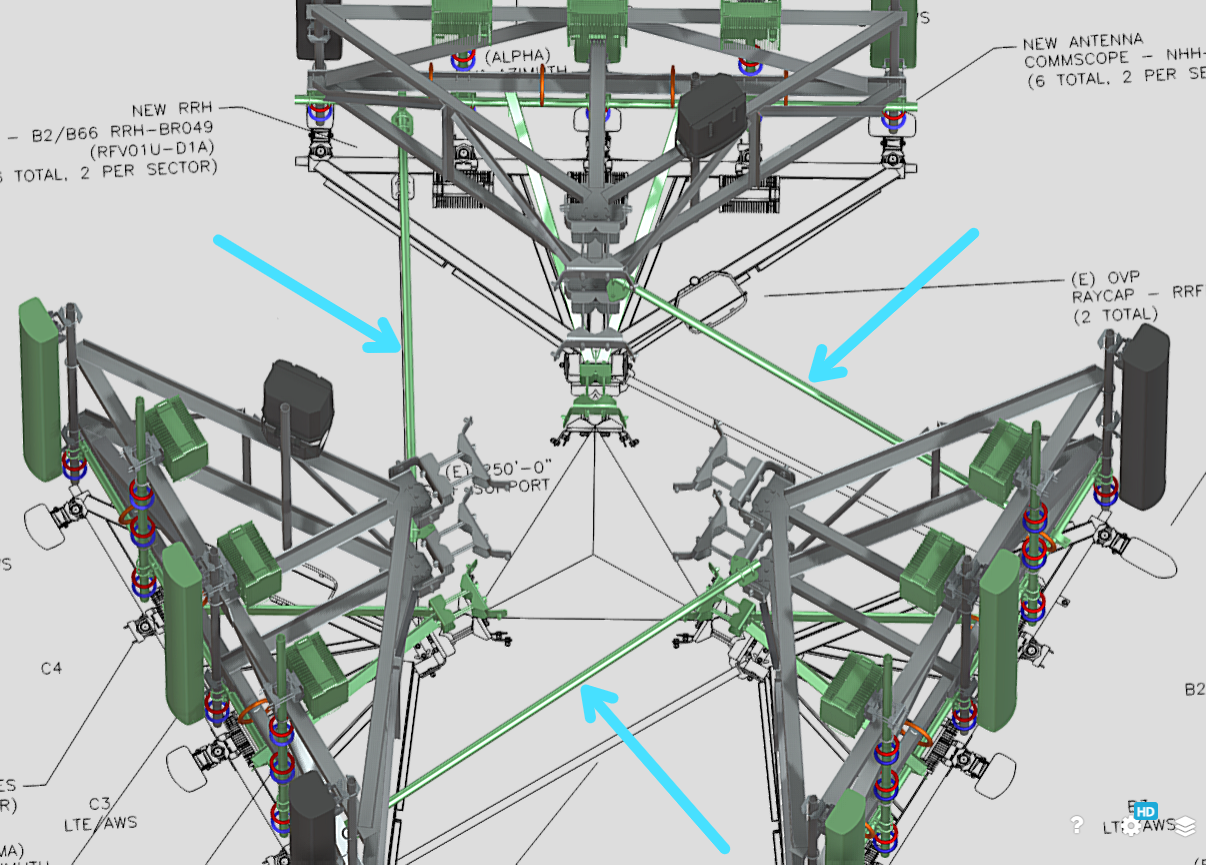 3D tower structural view with cyan arrows highlighting new proposed components and structural changes