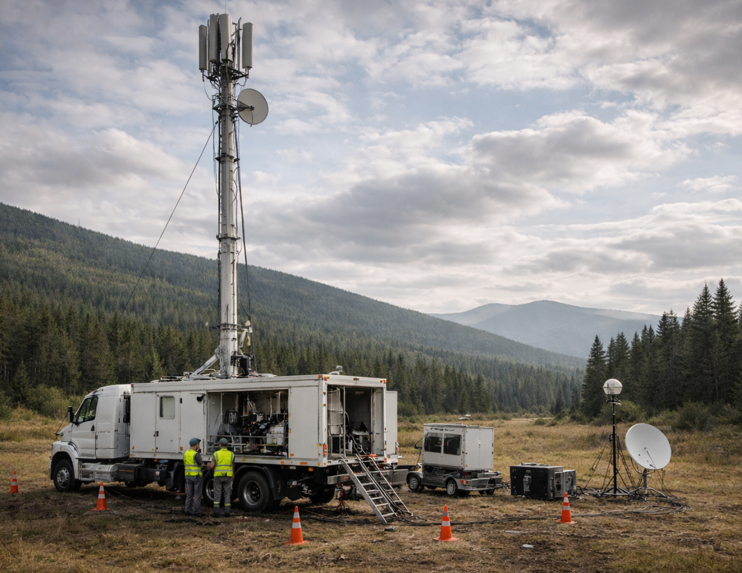 Aerial view of cell tower with emergency connectivity deployment