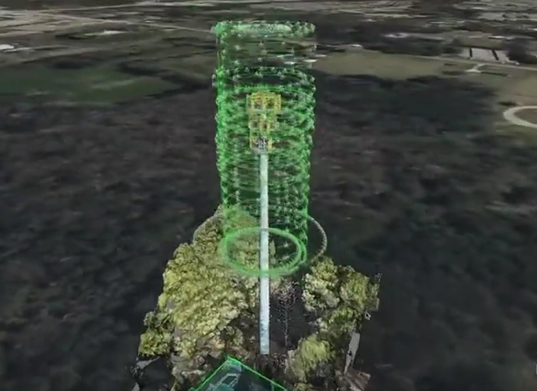 Tablet showing 3D digital twin tower model with equipment inventory report, aerial drone photo, and component catalog