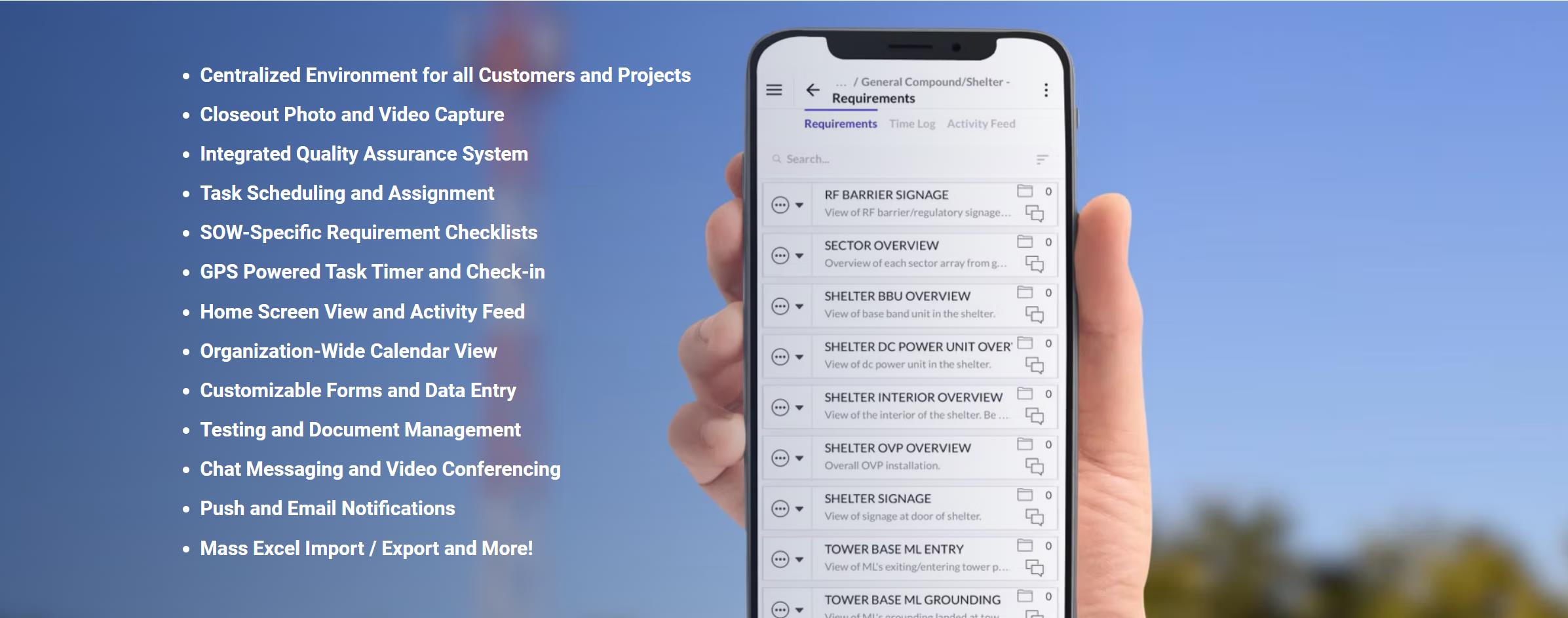Hand holding phone showing Swift Projects requirements checklist with SOW-specific items for General Compound/Shelter including RF Barrier Signage, Sector Overview, Shelter BBU Overview, and more
